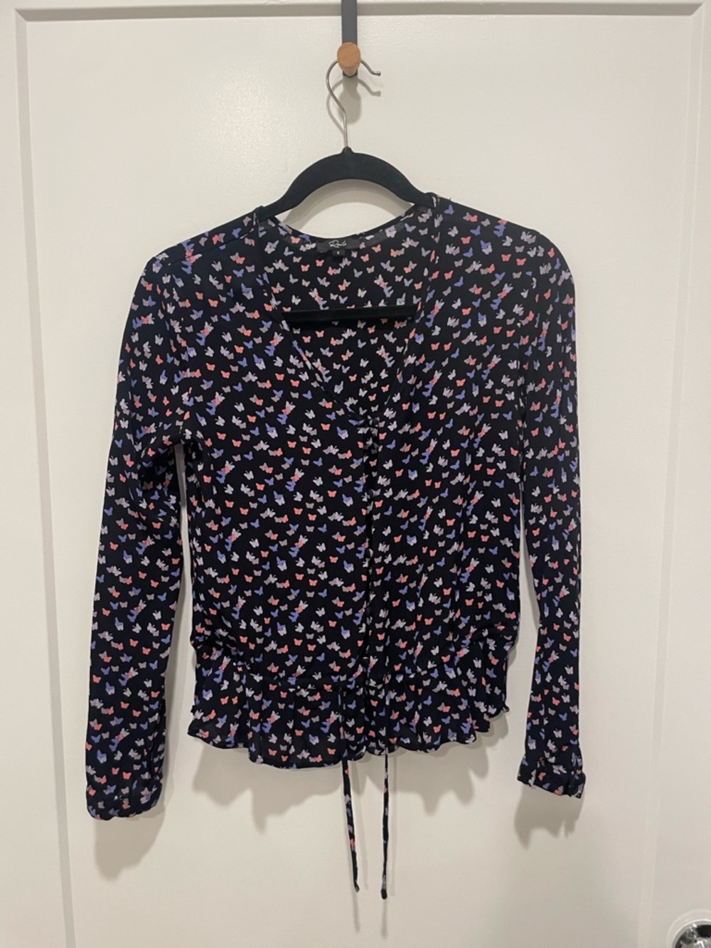Rails Black Wrap-Blouse with Pink and Blue Butterfly Print